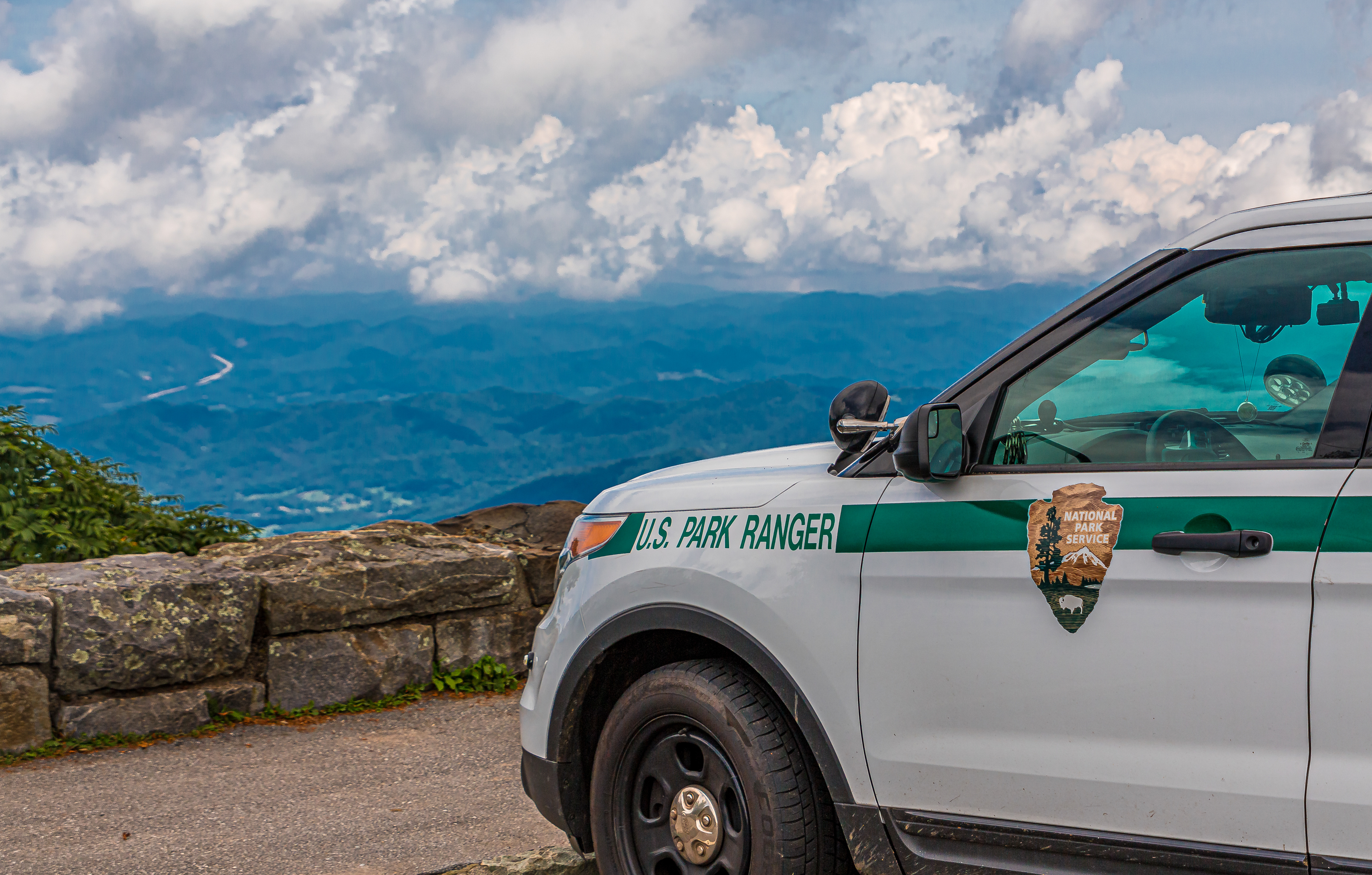 Park ranger vehicle on a mountain.